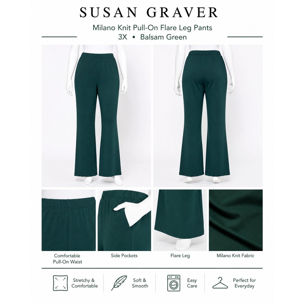 Susan‎ Graver Milano Knit Flare Leg Pull-On Pants Balsam Green 3X A282562 NEW
